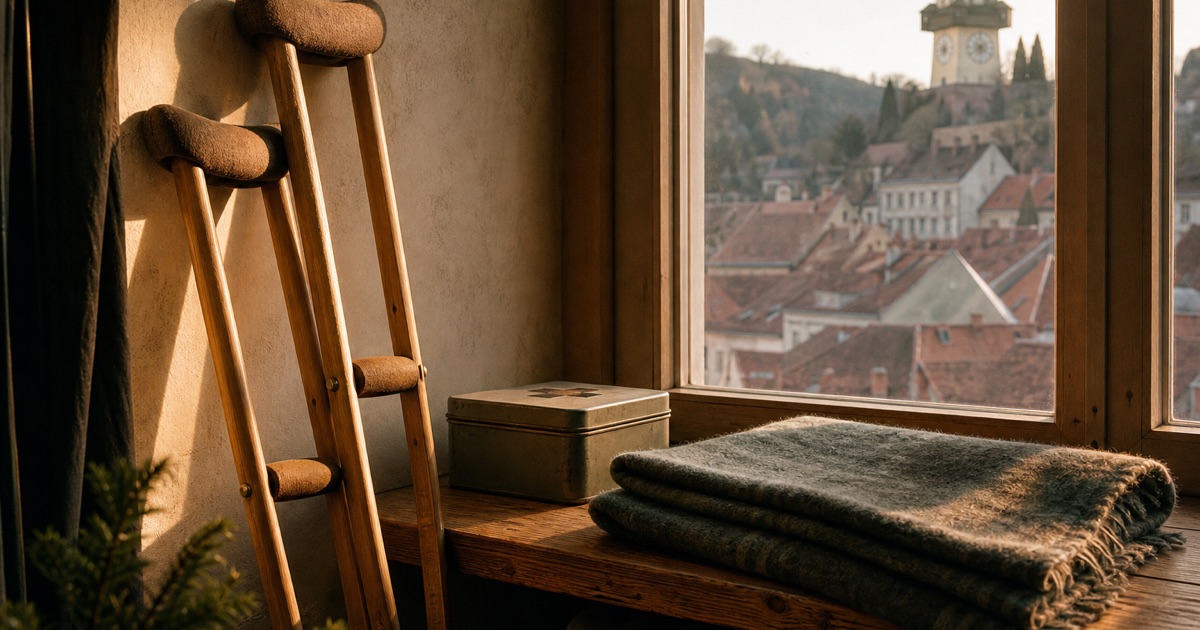 Holzkruecken am Fenster mit Blick auf die Grazer Daecher, Sinnbild fuer Genesung nach einem Unfall und private Unfallversicherung
